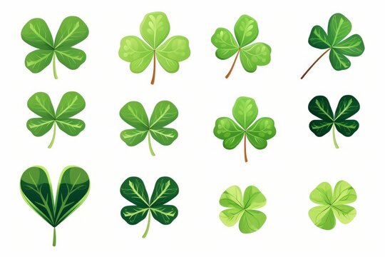 Twelve variations of green clover leaves, symbolizing luck, irish heritage, and st. Patrick's day celebrations