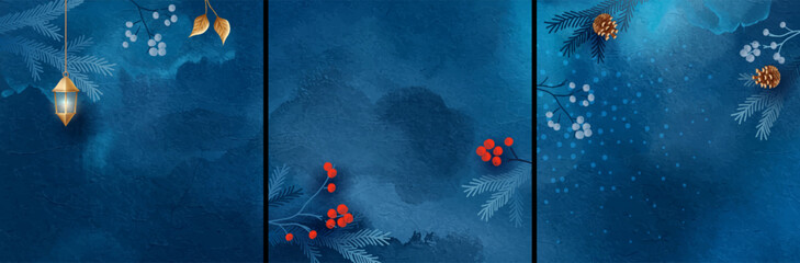 Set of Merry Christmas and Happy New Year banners. Golden lantern, branches, berries and Christmas decorations against artistic watercolor navy blue background