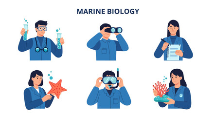 Six marine biology illustrations showing scientists with labware tools and specimens