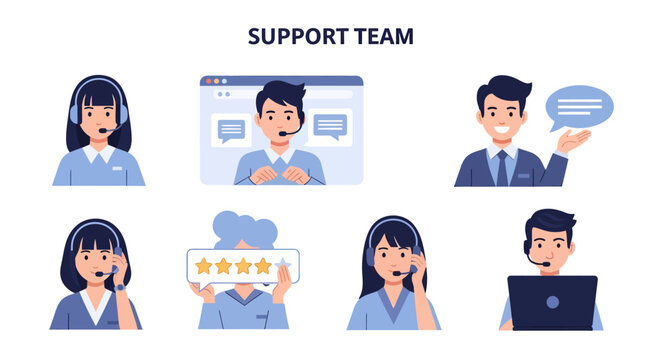 Six flatstyle illustrations of customer support team members against a white background