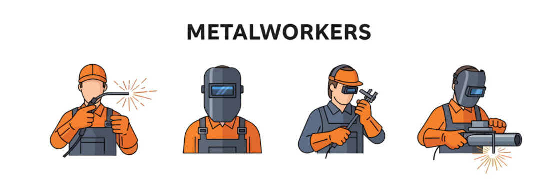 Vector illustrations of four metalworkers performing welding and measuring tasks