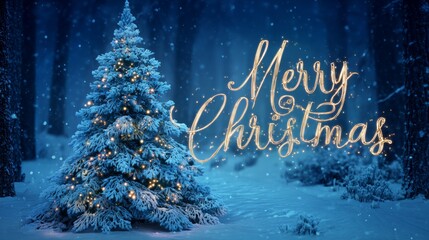 Snow covered christmas tree illuminated by warm lights, standing in a serene winter forest at night with merry christmas script glowing brightly above greeting card background