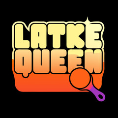 Latke Queen lettering with orange and purple gradient and frying pan on black
