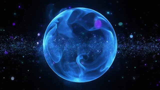 Abstract Blue Sphere Surrounded by Light Particles in a Dynamic Space with Glowing Effects