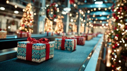 Christmas sale presents moving along conveyor belt in festive factory, preparing for holiday delivery and celebration, creating a magical season of giving and joy