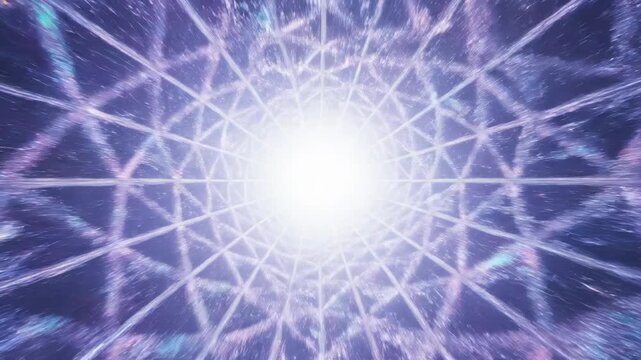 Deep perspective virtual tunnel composed of shifting triangular lattice patterns moving towards a vanishing bright point in the distance innovation, lightspeed, dynamic