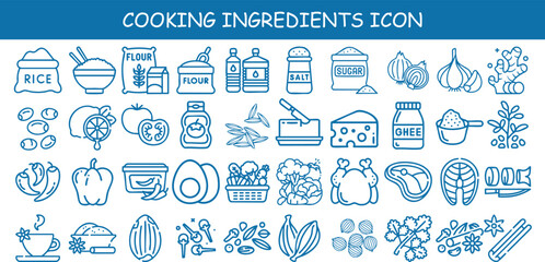 Cooking ingredients linear icon set featuring food elements like rice, spices, vegetables, meat, and herbs. Trendy, clean, and perfect for recipe design, kitchen branding, and culinary projects.