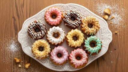 A top-down view showcases a delightful assortment of colorful, frosted mini bundt cakes arranged on an ornate white platter. Varieties include pink, white, yellow, mint green, and chocolate.