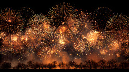 Bright golden fireworks explode in the night sky welcoming the year 2026 with hello happy new year