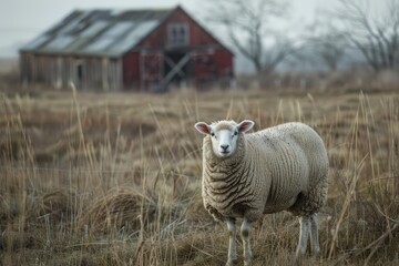 Fototapeta premium Healthy sheep standing in a pasture with a barn in the background, enjoying the peace of the countryside