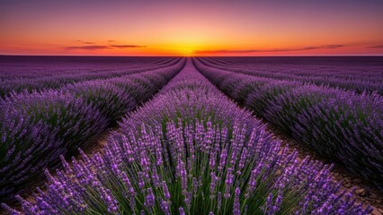 Obraz premium Stunning lavender field at sunset with vibrant purple blooms and orange sky