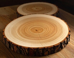 Obraz premium Rustic wooden display stands showcasing natural growth rings on wooden surface