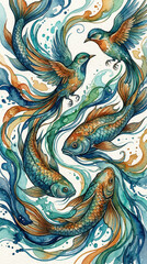 Fantasy Concept: Nature Flowing with Flying Birds and Swimming Fish