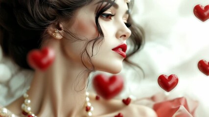Beautiful woman with red lips surrounded by floating hearts symbolizing romance elegance and affection