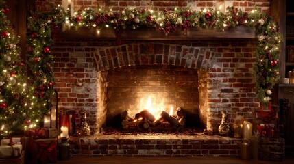 Cozy living room fireplace glowing with warm flames, evergreen garlands, sparkling string lights, and red ornaments, festive holiday gathering place christmas greeting card background copy space
