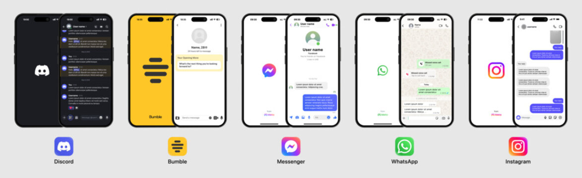 All messages mobile apps UI screen pack with Apple Email, Messages, Instagram Direct, Gmail, WhatsApp, WhatsApp Business, Messenger, Discord and Bumble chat UI elements with app icons logo.