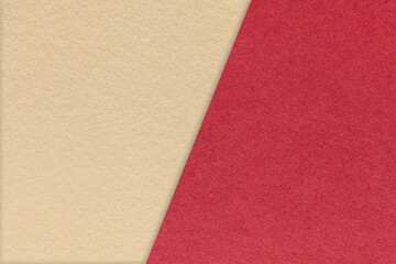 Fototapeta premium Texture red, beige paper background, half two colors. Geometric template for banner, presentation with copy space