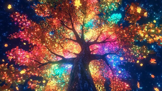 Glowing multicolored tree with leaves that defy gravity in a night landscape bathed in vibrant light