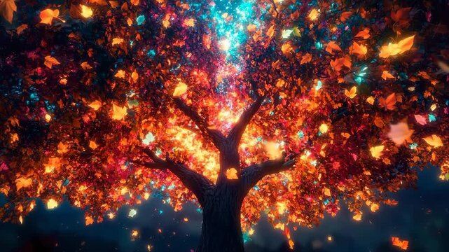 Glowing multicolored tree with leaves that defy gravity in a night landscape bathed in vibrant light