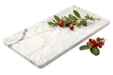 Rectangular Marble Serving Board with Berries and Greenery Isolated on Transparent Background