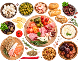 A diverse assortment of fresh vegetables, cheeses, breads, and cured meats arranged on a rustic platter for a Mediterranean-inspired meal