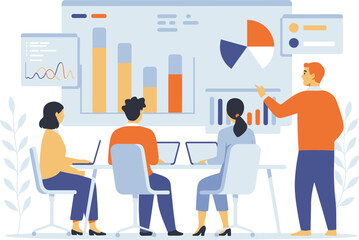 Business team meeting analyzing financial data and reports on screen Vector
