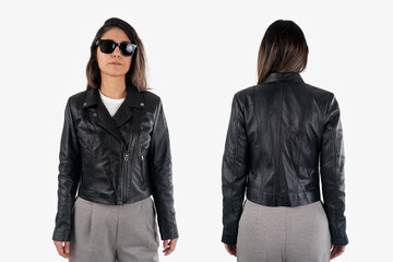Woman Wearing Black Leather Jacket Front and Back View