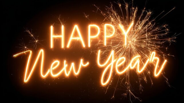 Creating happy new year with glowing neon light writing and sparkling golden fireworks, symbolizing festive celebrations, greetings, and new beginnings christmas - Powered by Adobe