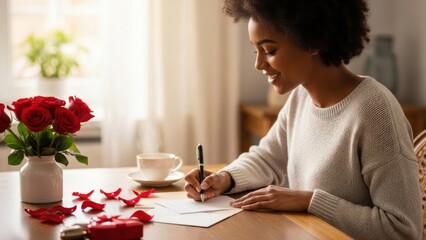Smiling african american woman writing romantic love letter at table with red roses, coffee, red rose petals, and gift. Valentines Day greeting card concept.
