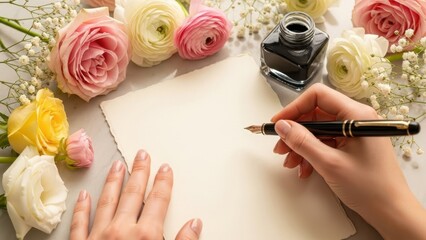 Woman writing a romantic letter on blank paper with an ink pen, surrounded by beautiful colorful flowers and babys breath. Concept of love, wedding, Valentines Day.
