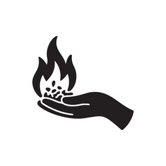 Minimalist glyph icon of a hand cupping a mystical fire with embers, symbolizing creation, passion, and spiritual energy
