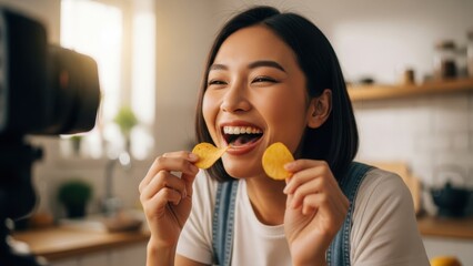 Woman eating potato chips joyfully in front of camera. Female content creator recording food vlog. Happy asian blogger making video for social media.