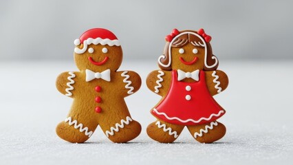 Gingerbread man and woman cookie standing on a snowy surface. Christmas holiday baking, festive food treat, seasonal sweet dessert.
