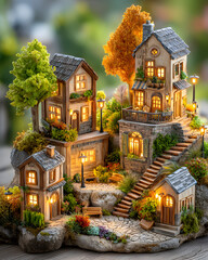 miniature countryside charm illustration Charming illuminated miniature village at dusk. fairy tale tiny village aesthetic pastel cozy rural town wallpaper