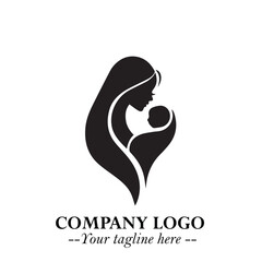 Mom and Baby Logo Symbol in Black on White Background for Gentle Minimalist Branding Design Art