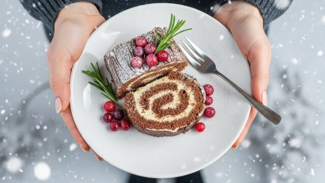 Woman serving slices of chocolate yule log cake on a white plate. Festive winter dessert with cranberries for Christmas and New Year.