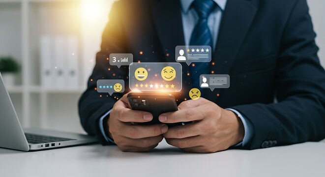Concept of modern customer service excellence and online survey data visualization with a businessman interacting with feedback icons on mobile - Powered by Adobe