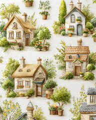 miniature countryside charm illustration Charming illustrated houses with greenery. fairy tale tiny village aesthetic pastel cozy rural town wallpaper
