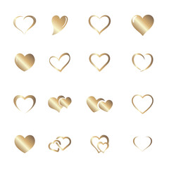 Hand drawn illustration heart set with different tools like brushes, chalk, ink. love icons with gold color