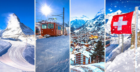 Zermatt village and Matterhorn winter paradise ski area winter collage postcard view