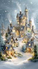 miniature countryside charm illustration Charming snowy village with glowing lights. fairy tale tiny village aesthetic pastel cozy rural town wallpaper