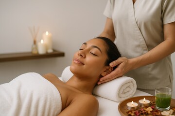 Woman enjoying relaxing head massage at spa center with candles and wellness items on table in peaceful setting promoting comfort and self-care. Ai generative