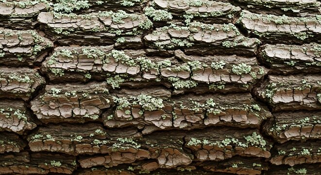 Ancient tree trunk showcasing a rugged bark texture with vibrant green moss and lichen growth