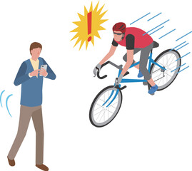 歩きスマホで歩く男性と自転車の事故
