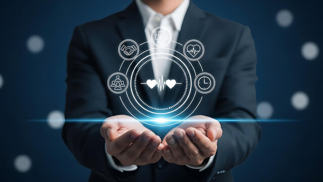 Professional presents innovative healthcare solutions, emphasizing collaboration, patient care, efficiency, and community well-being with advanced medical technology