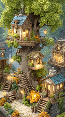 miniature countryside charm illustration Charming treehouse village nestled in a tree. fairy tale tiny village aesthetic pastel cozy rural town wallpaper