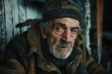 Close up of a worried senior homeless man wearing worn clothes and a wool hat, depicting poverty and social issues