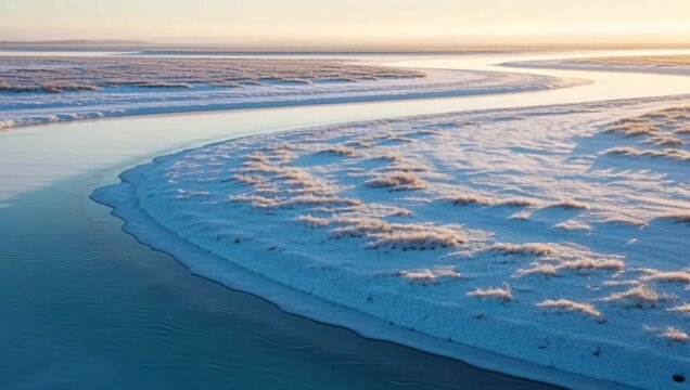 Quiet winter river bending through a vast frosty and snow-dusted landscape