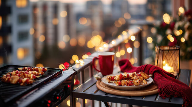 Cozy small city balcony with grilled skewers, string lights, and mug on a table at dusk