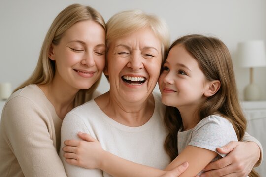 Happy multigenerational family with grandmother, mother, and daughter hugging and smiling together at home in warm natural light on white background. Ai generative - Powered by Adobe